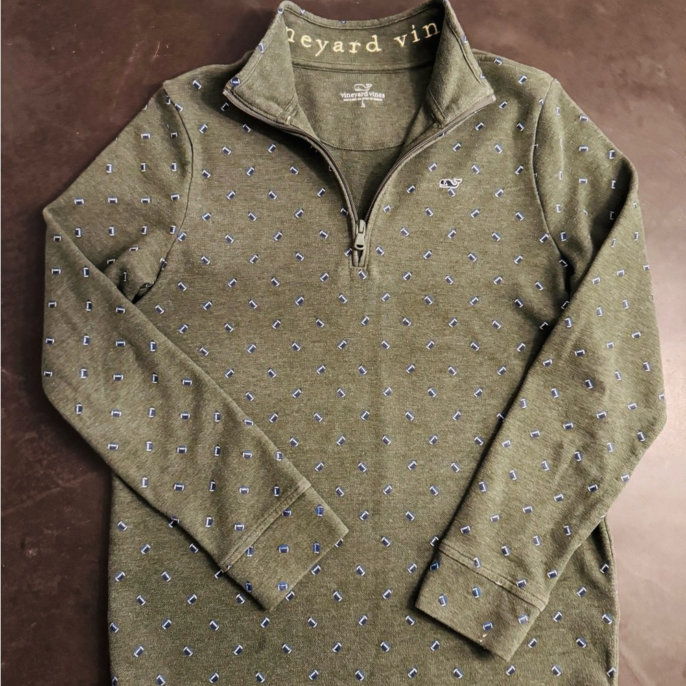 Vineyard Vines Olive Green Half-Zip Pullover with Blue Micro Motif